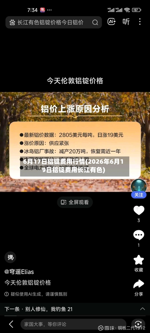 6月17日铝锭费用行情(2026年6月19日铝锭费用长江有色)